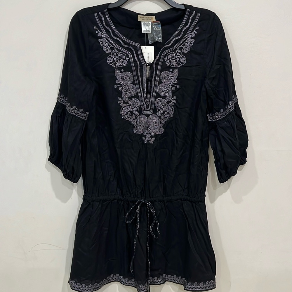 Moon Collection Women’s Long Mid-Drawstring Black Top Size L NWT